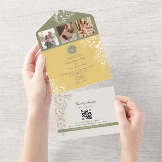 Sage and Yellow Floral Spring Wedding All In One Uitnodiging (Afscheurbaar)