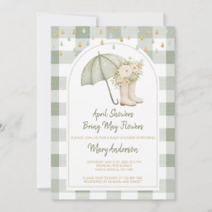 Sage April Showers Green Gingham Baby Shower  Kaart