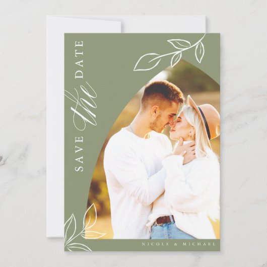 Sage Arch Boho Minimal Leaf Foto Save The Date (Voorkant)