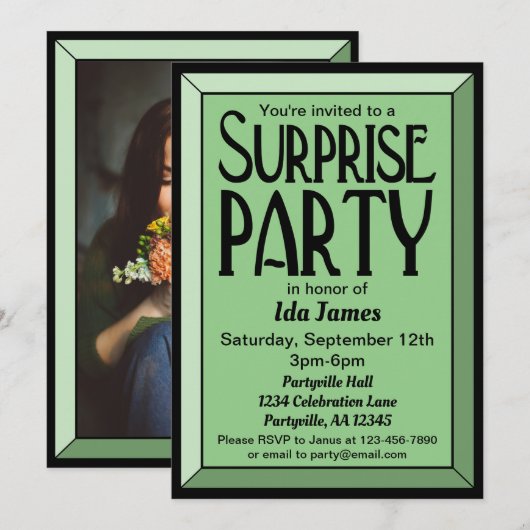 Sage Art Deco Foto Birthday Surprise Party Kaart (Voorkant / Achterkant)