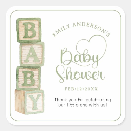 Sage Baby Blocks Baby Shower Favor Sticker (Voorkant)