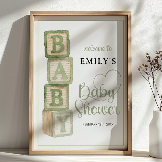 Sage Baby Blocks Baby Shower Welkom Poster