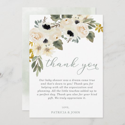 Sage Baby in Bloom Ivoor Bloemen Meisje Baby showe Bedankkaart (Voorkant / Achterkant)