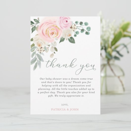 Sage Baby in Bloom Roze Bloemen Meisje Baby shower Bedankkaart (Staand voorkant)