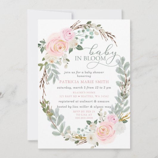 Sage Baby in Bloom Roze Bloemen Meisje Baby shower Kaart (Voorkant)