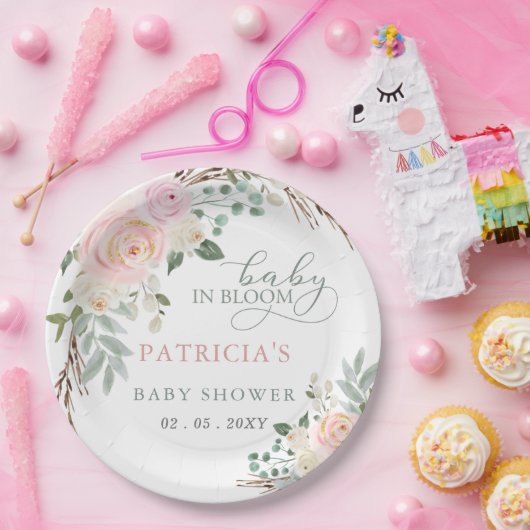 Sage Baby in Bloom Roze Bloemen Meisje Baby shower Papieren Bordje (Feest)
