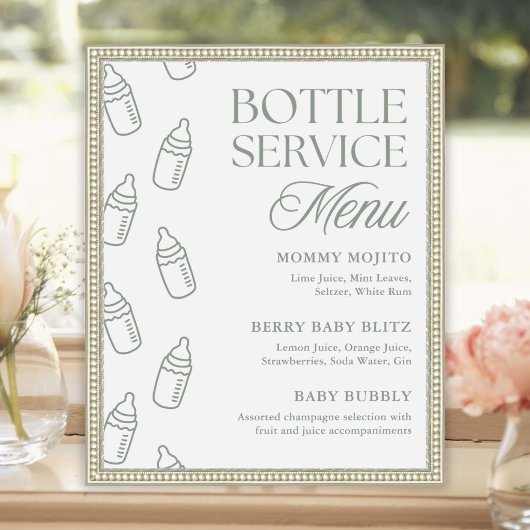 Sage Baby Shower Fles Service Drankmenu Bord Poster