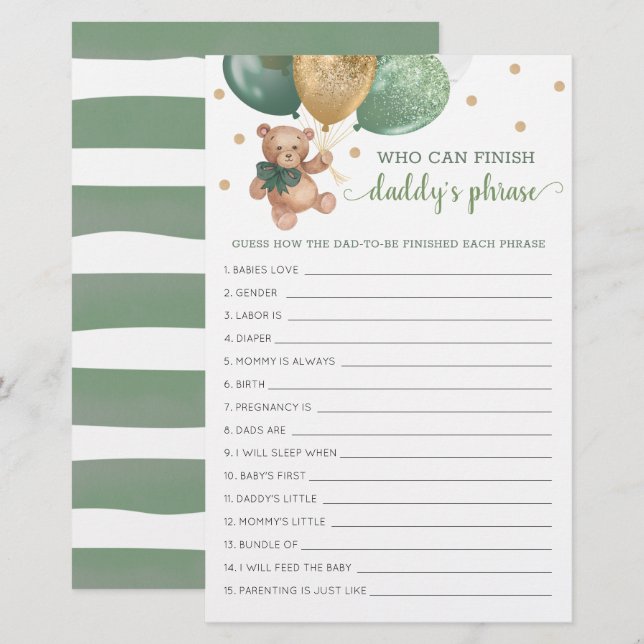 Sage baby shower papa's frase spel teddybeer  (Voorkant / Achterkant)