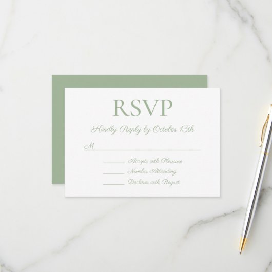 Sage Back Elegant Calligraphy Wedding RSVP Kaartje (Voorkant / Achterkant in situ)