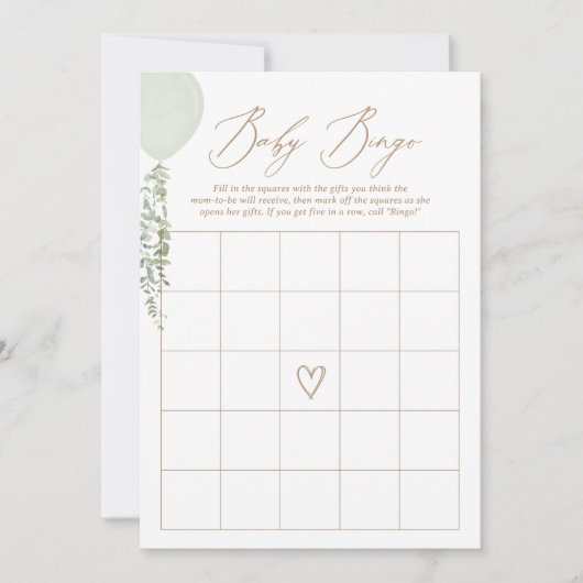 Sage Balloon Baby shower Bingo spel Kaart (Voorkant)