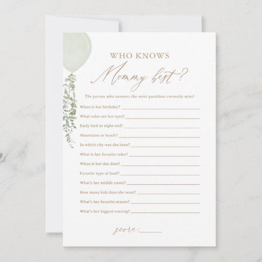 Sage Balloon Wie kent Mama Beste Baby shower Spel Kaart (Voorkant)