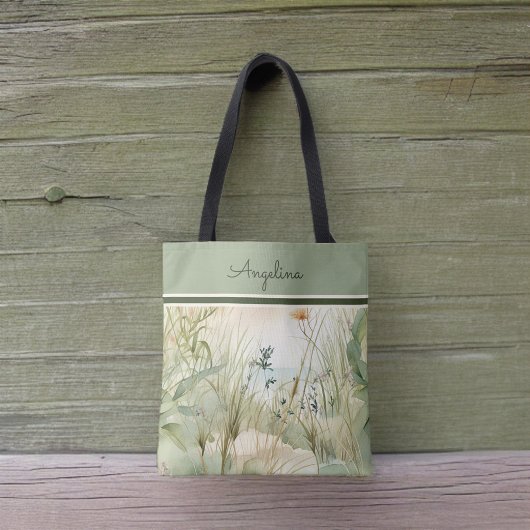 Sage Beach Duinen Grassen en bloemen Monogram Tote Bag