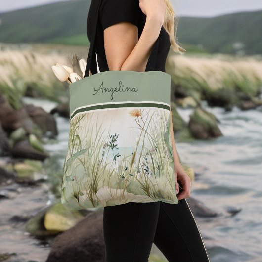 Sage Beach Duinen Grassen en bloemen Monogram Tote Bag