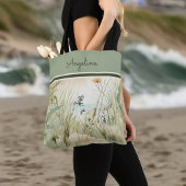 Sage Beach Duinen Grassen en bloemen Monogram Tote Bag