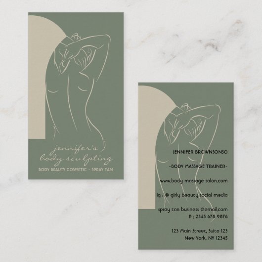 Sage beige Body Sculpting Contourage Spray Tan Visitekaartje (Voorkant / Achterkant)