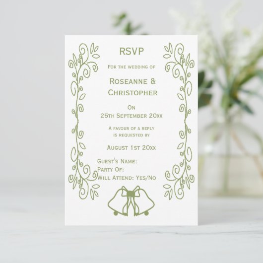 Sage Bells Scrollwork Ontwerp Wedding RSVP Kaartje (Staand voorkant)