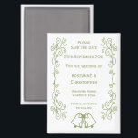 Sage Bells Scrollwork Wedding Save the Date Magneet<br><div class="desc">Trouwen slaan de datum magneet klokken ontwerp. Pas deze wijze gekleurde bruiloft op en sla de datummagneet op met uw huwelijksdetails. Mocht u hulp nodig hebben bij het aanpassen, neem dan contact met ons op via de link op deze pagina. Wijze gekleurde klokken ontwerp gepersonaliseerde bruiloft opslaan van de datum...</div>