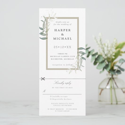 Sage bladeren bruiloft nodigt u uit om rsvp aan te kaart (Staand voorkant)