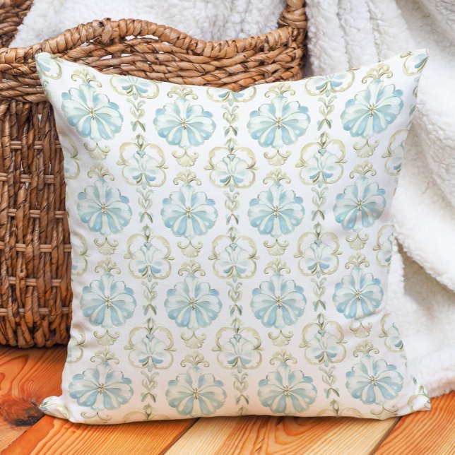 Sage Blau Ivoor Bloem Lent Zomer Kussen (Sage Blue Ivory Floral Spring Summer Throw Pillow)