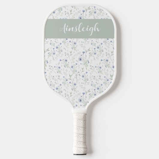 Sage Blau Waterverf Wilde Bloem Initiaal Naam Pickleball Paddle (Voorkant)