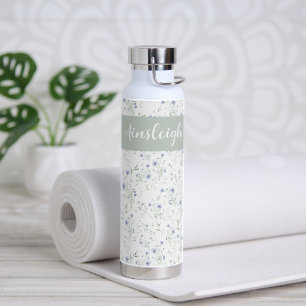 Sage Blau Waterverf Wilde Bloem Monogram Naam Waterfles