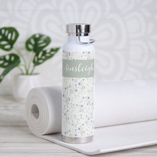 Sage Blau Waterverf Wilde Bloem Monogram Naam Waterfles (Yoga (Gedraaid)  )