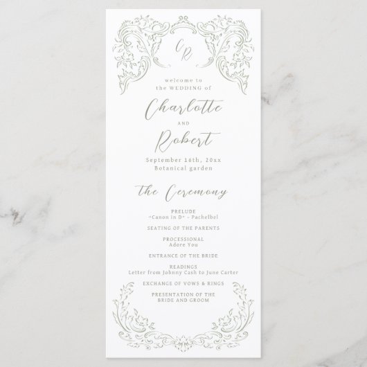 Sage  Bloei Monogram Trouwprogramma Menu (Voorkant)