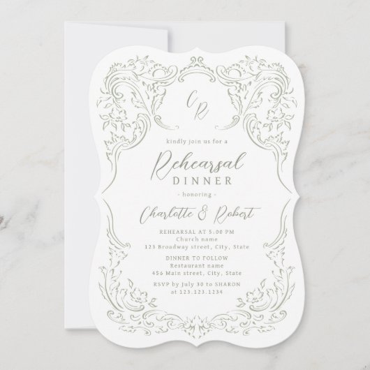 Sage Bloeien Monogram Repetitie Diner Kaart (Voorkant)