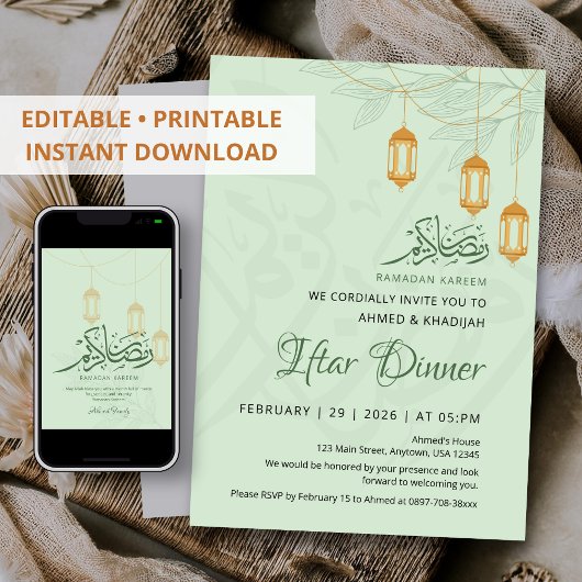 Sage Bloem Hangende Lantaarns Ramadan Iftar Diner Kaart