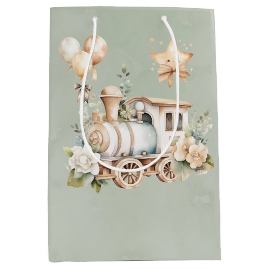 Sage Bloemen Train Boy Baby shower Gift Medium Cadeauzakje (Voorkant)