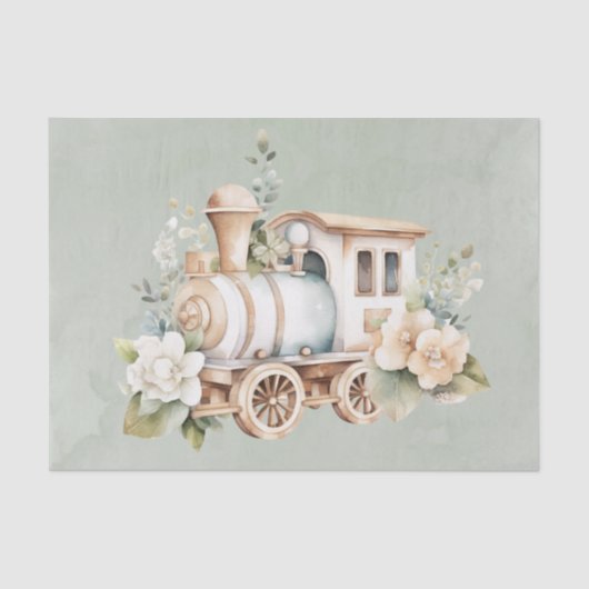 Sage Bloemen Train Boy Baby shower Gift Tissuepapier (Voorkant)
