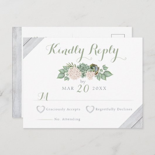 Sage Bloemen & Wit Hout Bruiloft RSVP Kaart (Voorkant / Achterkant)