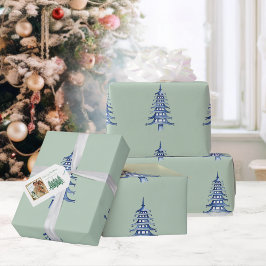 Sage Blue Pagoda Kerstboom Patroon Wrapping Cadeaupapier
