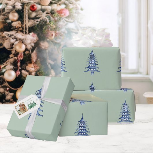 Sage Blue Pagoda Kerstboom Patroon Wrapping Cadeaupapier