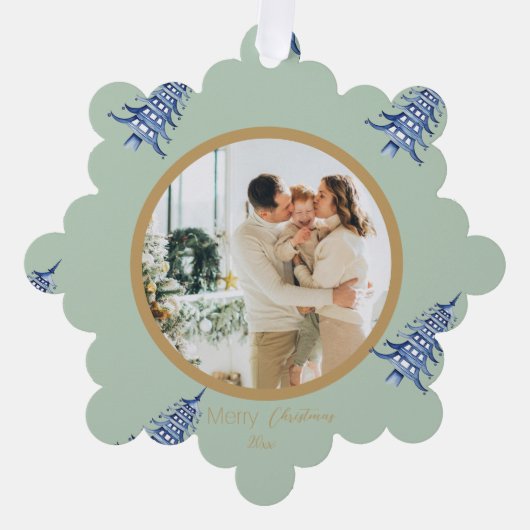 Sage Blue Pagoda Vrolijke Kerstboom 2-Foto Ornament Kaart (Voorkant)