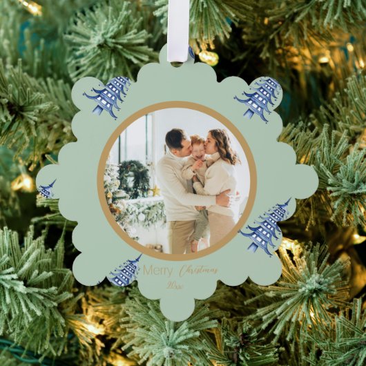 Sage Blue Pagoda Vrolijke Kerstboom 2-Foto Ornament Kaart (Insitu (Drie))