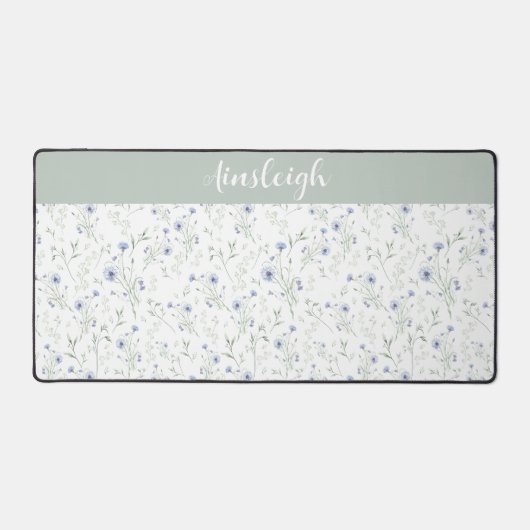 Sage Blue Watercolor Wildflower Floral Custom Name Bureaumat (Voorkant)