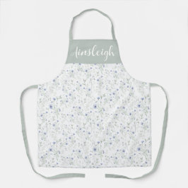 Sage Blue Watercolor Wildflower Floral Custom Name Schort