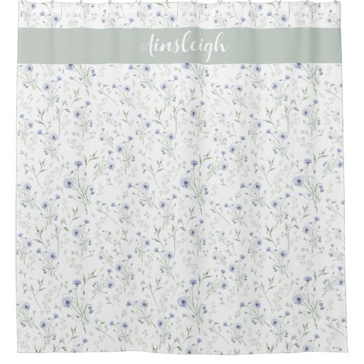 Sage Blue Watercolor Wildflower Monogram Name Douchegordijn (Voorkant)