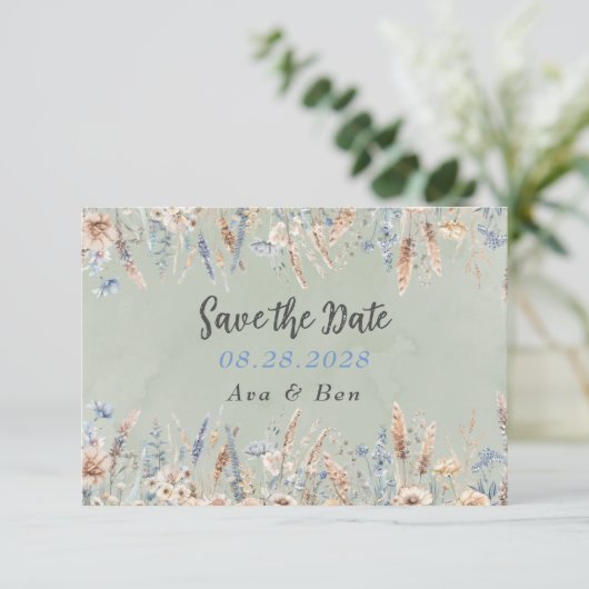 Sage Blue Wildflowers Wedding Save the Date Kaart (Staand voorkant)