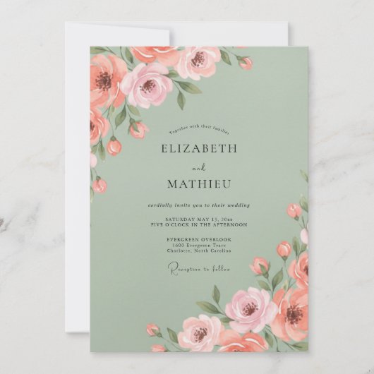 Sage Blush Bloeiende Bloemen Bruiloft Kaart (Voorkant)