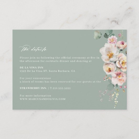 Sage Blush Bloemen Bruiloft Details Behuizing Kaar Informatiekaartje (Voorkant)