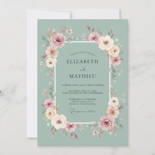 Sage Blush Bloesem Romantische Bruiloft Kaart (Voorkant)