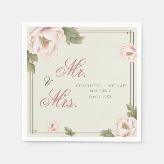 Sage & Blush Peony Floral Wedding Mr en Mrs. Servet (Voorkant)