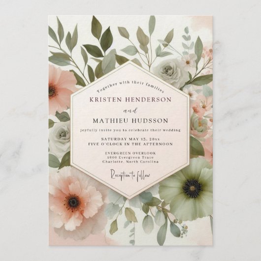 Sage Blush Watercolor Flora Bruiloft Kaart (Voorkant)