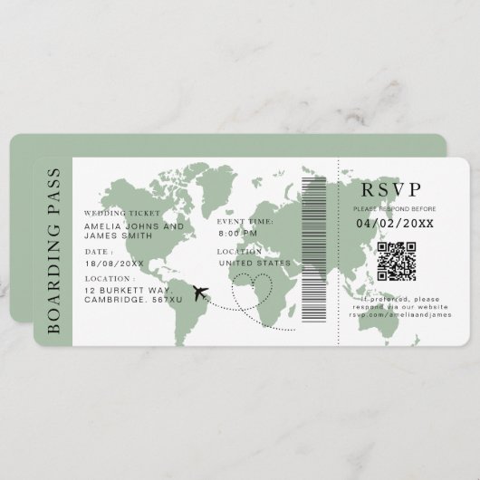 Sage Boarding Pass Bestemming bruiloft QR-code Kaart (Voorkant / Achterkant)