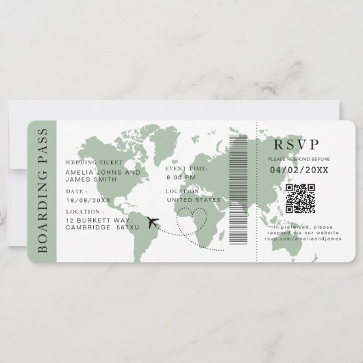 Sage Boarding Pass Bestemming bruiloft QR-code Kaart (Voorkant)