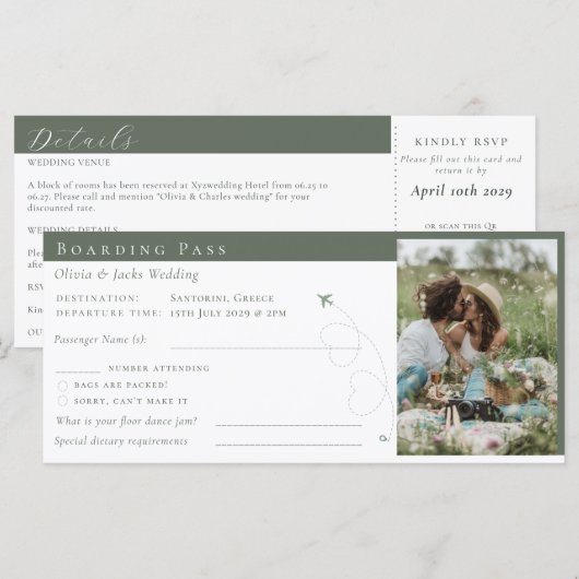 Sage Boarding Pass Ticket Destination Wedding (Voorkant / Achterkant)