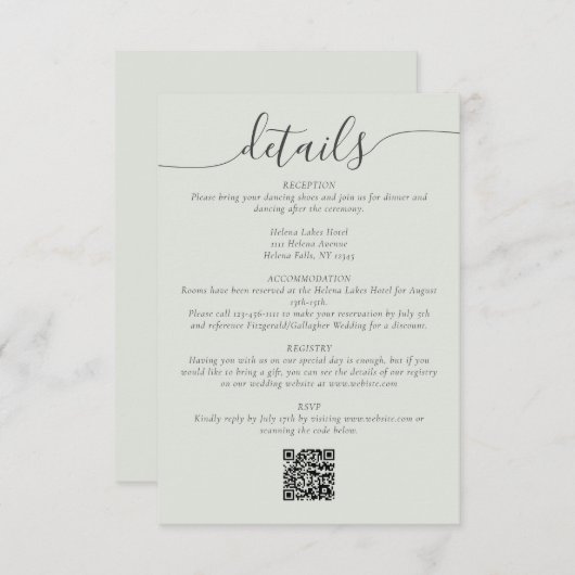 Sage Bohemian Script Eenvoudige bruiloft Details Informatiekaartje (Voorkant / Achterkant)