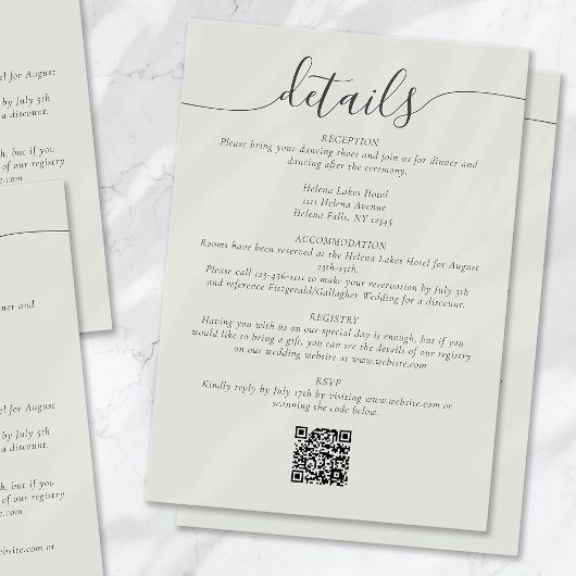 Sage Bohemian Script Eenvoudige bruiloft Details Informatiekaartje